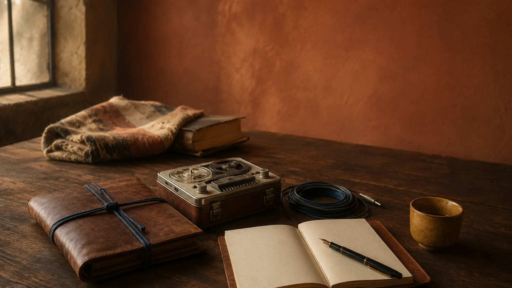 Still life on a dark walnut table, side-lit from a window: a leather portfolio tied with cord, a vintage reel-to-reel field recorder, a leather notebook open to a blank page with a fountain pen resting on it, a small ochre ceramic cup, and a hand-bound book partly wrapped in a textile in the background