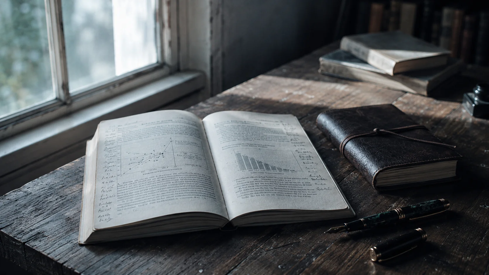 Still life of an open scientific journal on a worn wooden desk, side-lit from a window, beside a leather notebook and a fountain pen